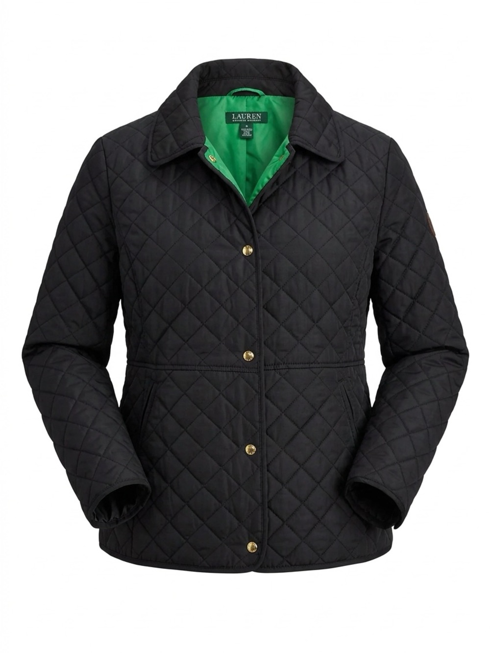Lauren Ralph Lauren Women’s Large Black Quilted Jacket Green Lining Gold Snap - Picture 3 of 13